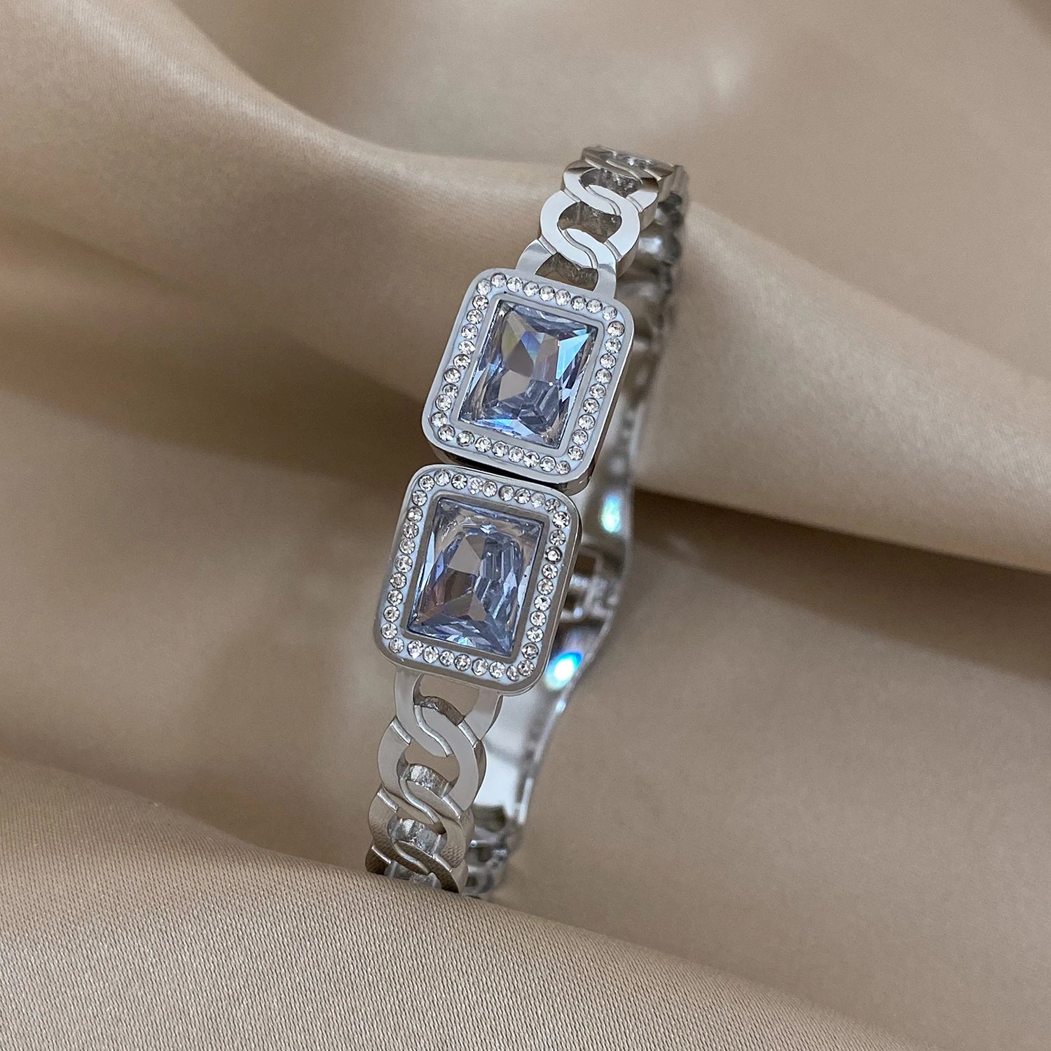 Stainless Steel Cuff Bracelet | Wide Rhinestone Bangle (Gold/Silver Options) - D2694826B-001