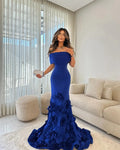 Mila Off-Shoulder Mermaid Prom Dress | 3D Flower Floor-Length Evening Gown (Custom) - Blue，2