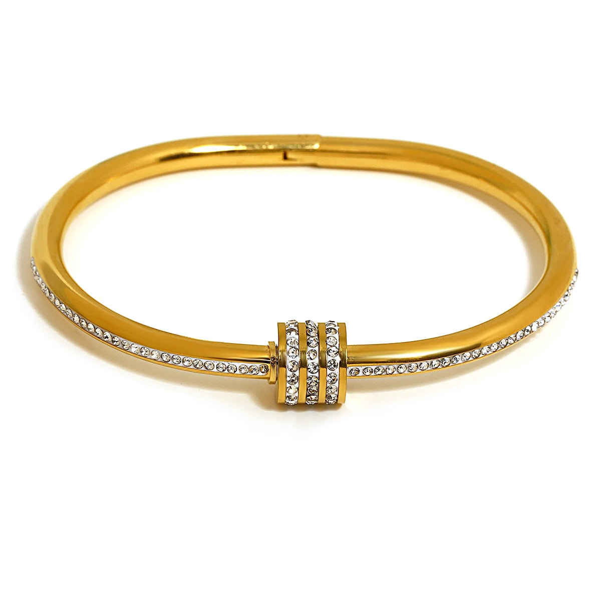 Stainless Steel Cuff Bracelet | Wide Rhinestone Bangle (Gold/Silver Options) - D2694871B-001