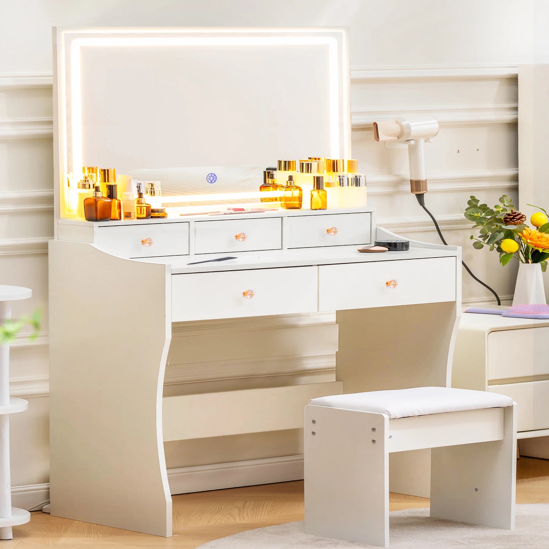 Vanity Table & Chair Set with LED Mirror | Charging Station + 4 Drawers (Dimmable) - WHITE