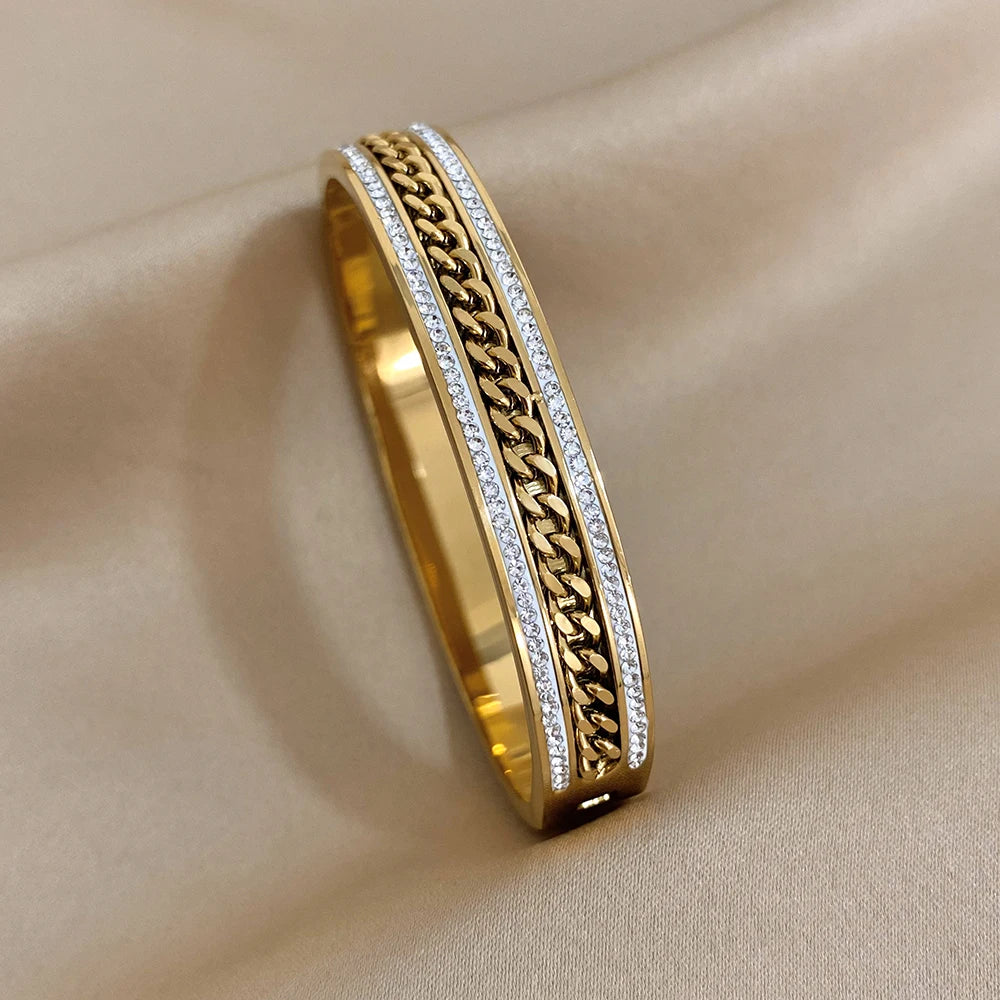 Stainless Steel Cuff Bracelet | Wide Rhinestone Bangle (Gold/Silver Options) - D2024990B-001