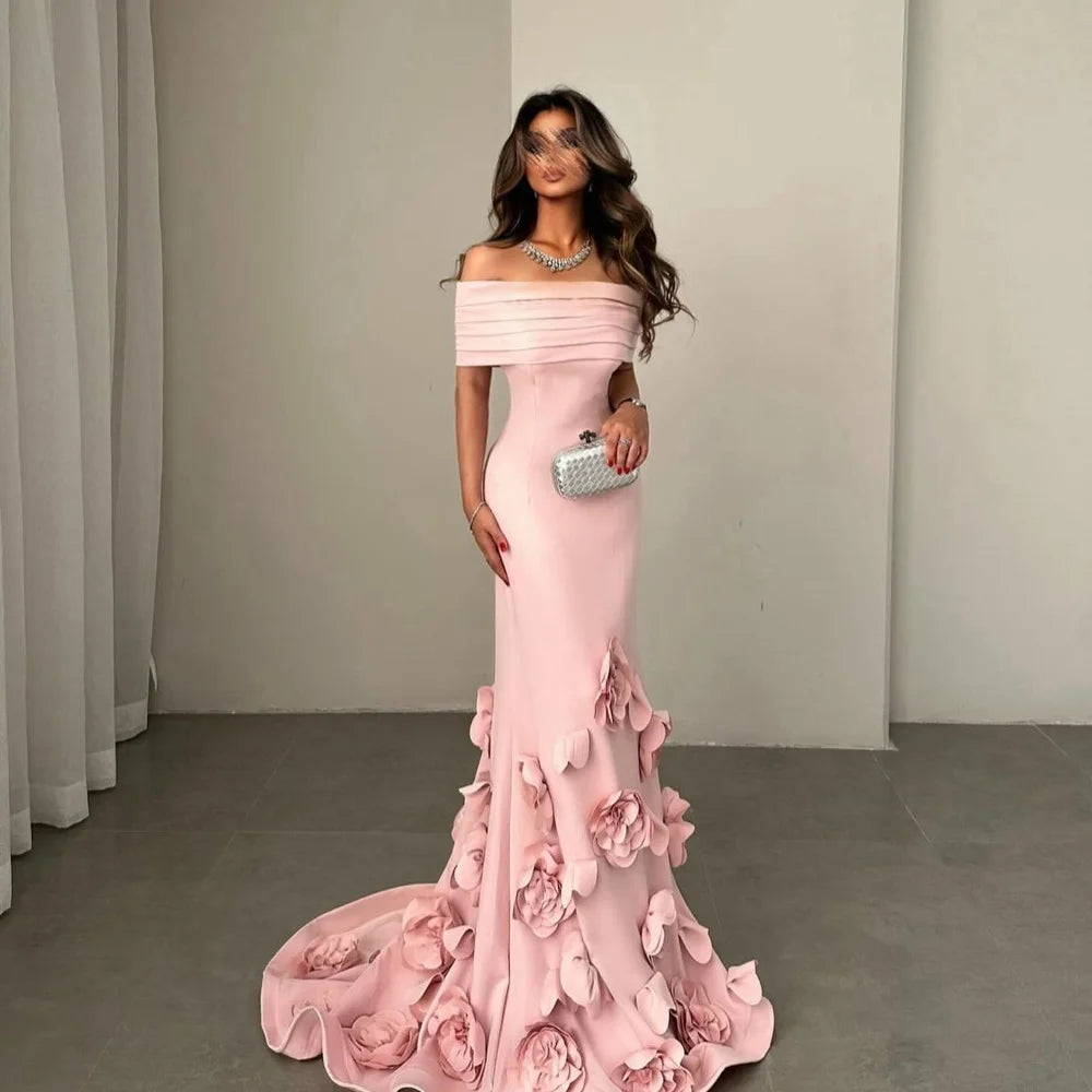 Mila Off-Shoulder Mermaid Prom Dress | 3D Flower Floor-Length Evening Gown (Custom) - Pink，6