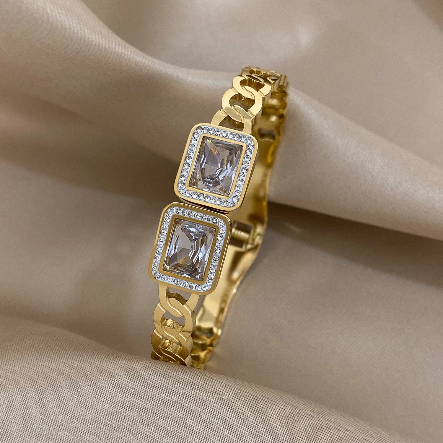 Stainless Steel Cuff Bracelet | Wide Rhinestone Bangle (Gold/Silver Options) - D2694826B-002