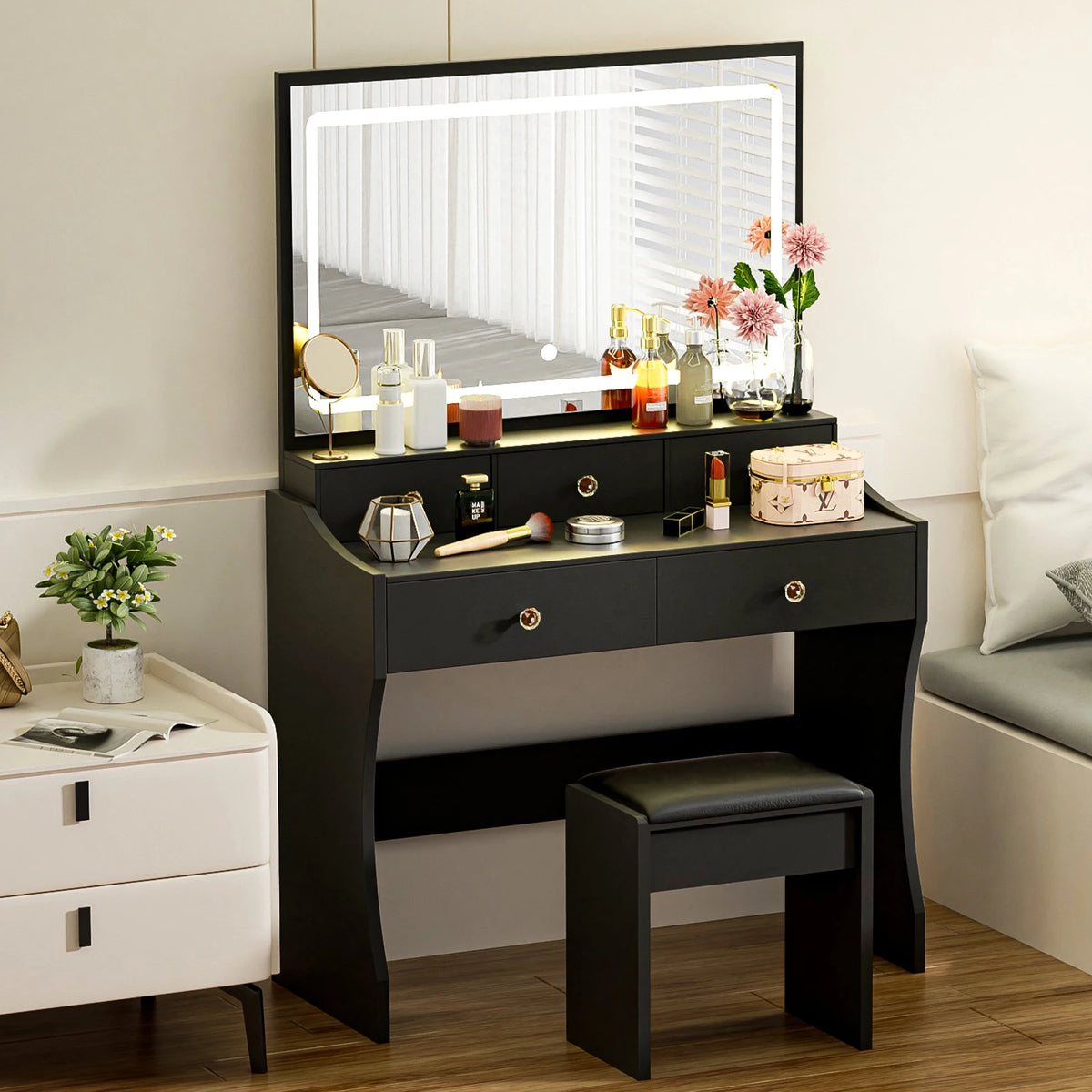 Vanity Table & Chair Set with LED Mirror | Charging Station + 4 Drawers (Dimmable) - black