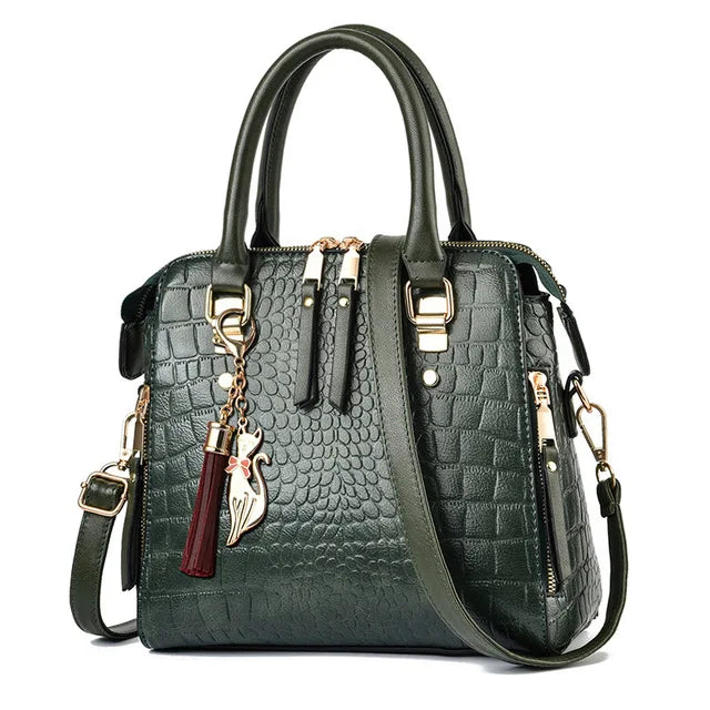 Croc-Embossed PU Leather Handbag with Tassel (Top Handle + Shoulder) - Green / 24x14x23cm
