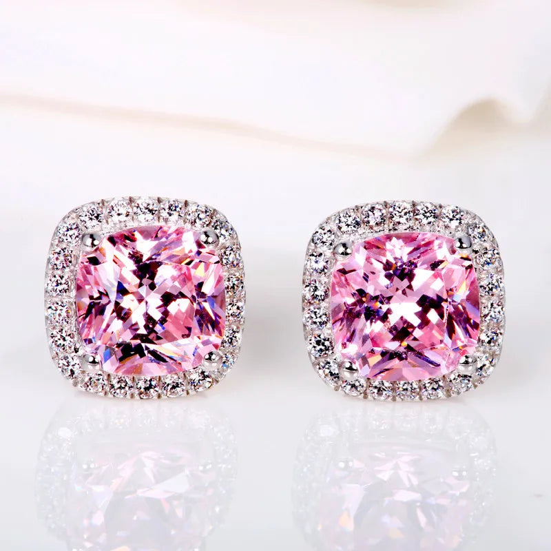 Vintage Double Stud Earrings | Yellow & Pink Stone Silver-Tone Wedding Jewelry - Silver Pink