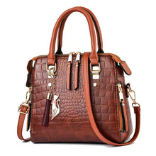 Croc-Embossed PU Leather Handbag with Tassel (Top Handle + Shoulder) - Brown / 24x14x23cm