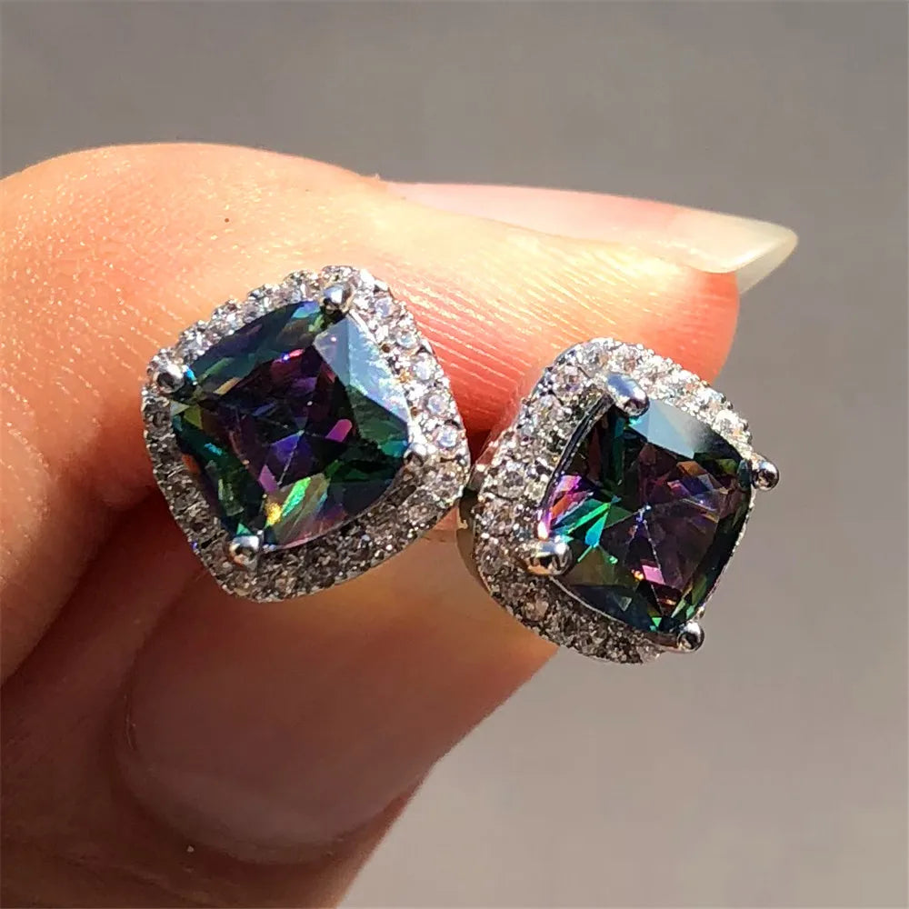 Vintage Double Stud Earrings | Yellow & Pink Stone Silver-Tone Wedding Jewelry - Silver Rainbow