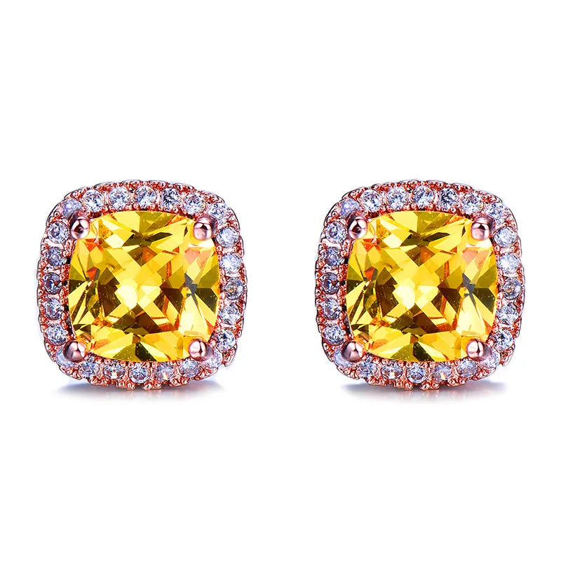 Vintage Double Stud Earrings | Yellow & Pink Stone Silver-Tone Wedding Jewelry - Yellow