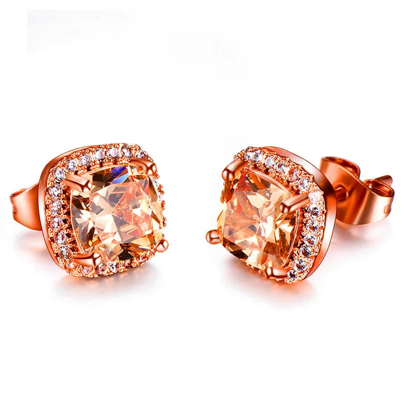 Vintage Double Stud Earrings | Yellow & Pink Stone Silver-Tone Wedding Jewelry - Champagne