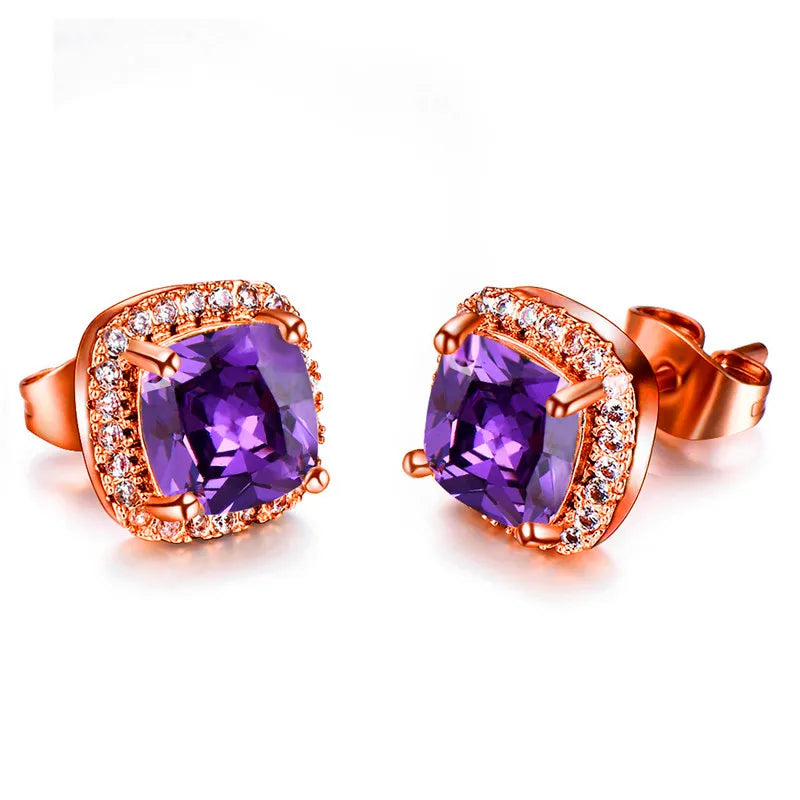 Vintage Double Stud Earrings | Yellow & Pink Stone Silver-Tone Wedding Jewelry - Purple