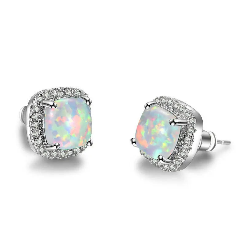 Vintage Double Stud Earrings | Yellow & Pink Stone Silver-Tone Wedding Jewelry - Silver White Opal
