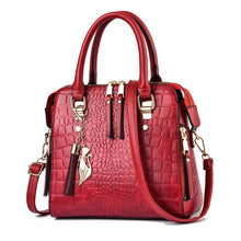 Croc-Embossed PU Leather Handbag with Tassel (Top Handle + Shoulder) - Red / 24x14x23cm