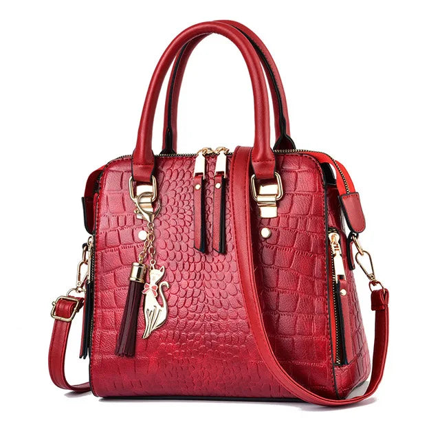 Croc-Embossed PU Leather Handbag with Tassel (Top Handle + Shoulder) - Red / 24x14x23cm