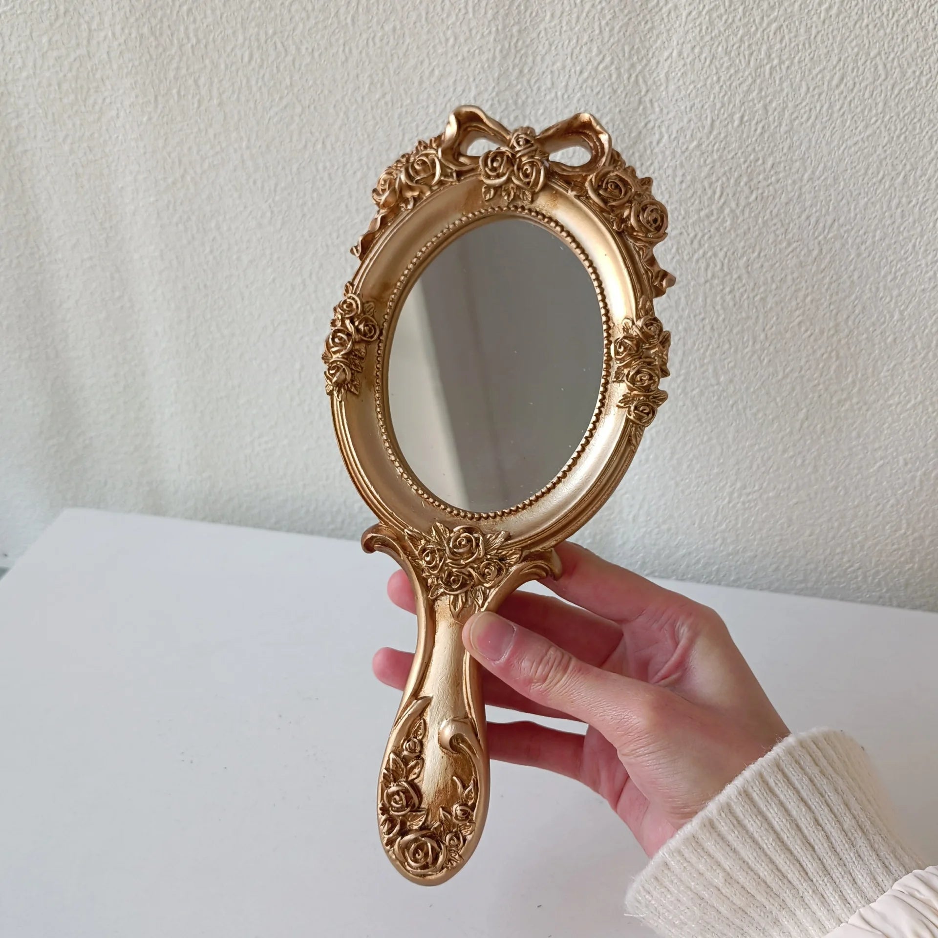 European Retro Handheld Mirror | Baroque Oval Vanity Mirror (Gold Tone) - Old gold