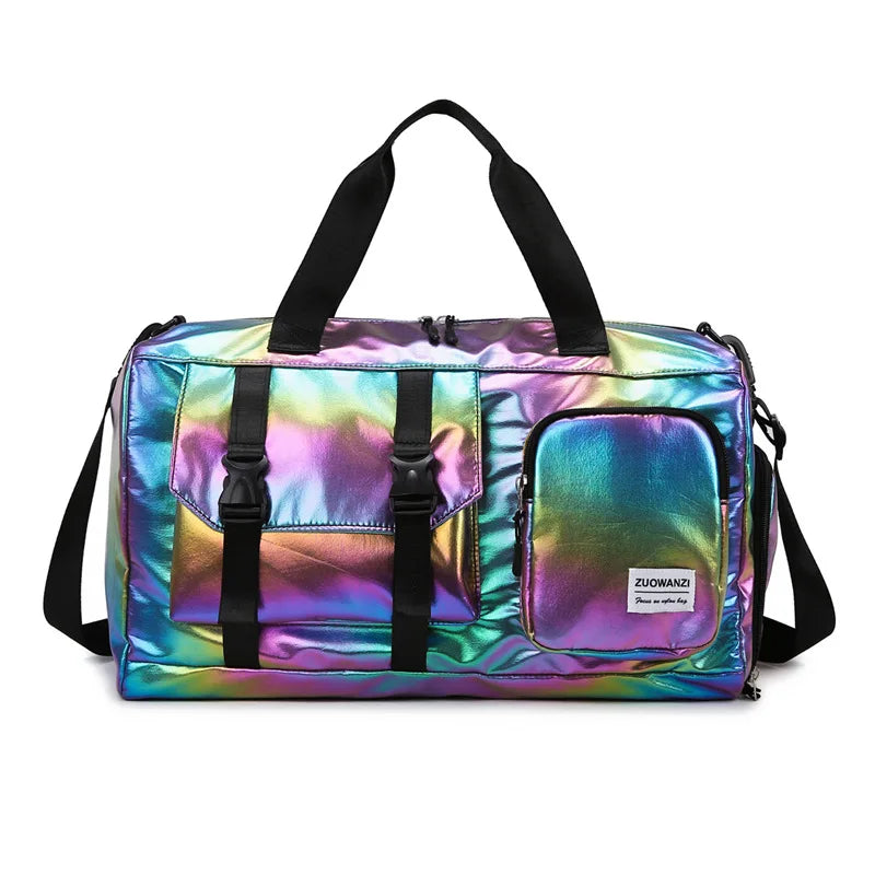Holographic Weekend Duffel Bag with Shoe Compartment | Spacious Travel Shoulder Tote - Black
