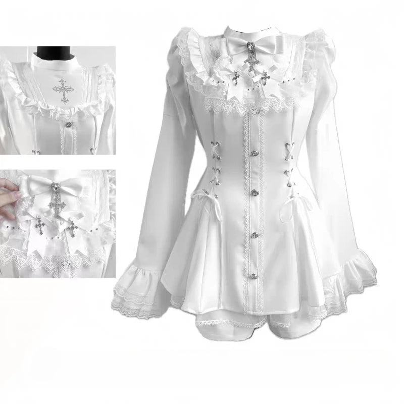 Japanese Gothic Lolita Dress Set | Bow Lace Ruffles Harajuku Y2K Mini Dress - 318 white，L