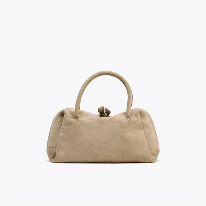 Suede-Style Bowling Bag (Boston Tote) – Compact Everyday Satchel - Khaki