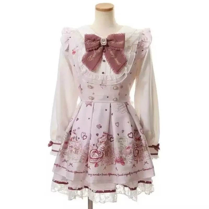 Japanese Gothic Lolita Dress Set | Bow Lace Ruffles Harajuku Y2K Mini Dress - 3708 Pink，L