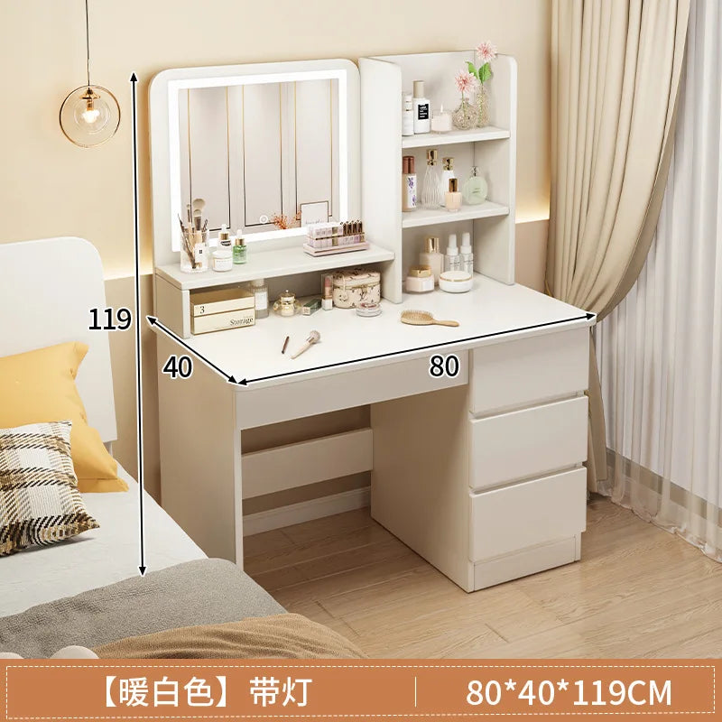 Compact Makeup Table & Chair Set | Bedroom Vanity with Storage (Small Space) - white LED   table