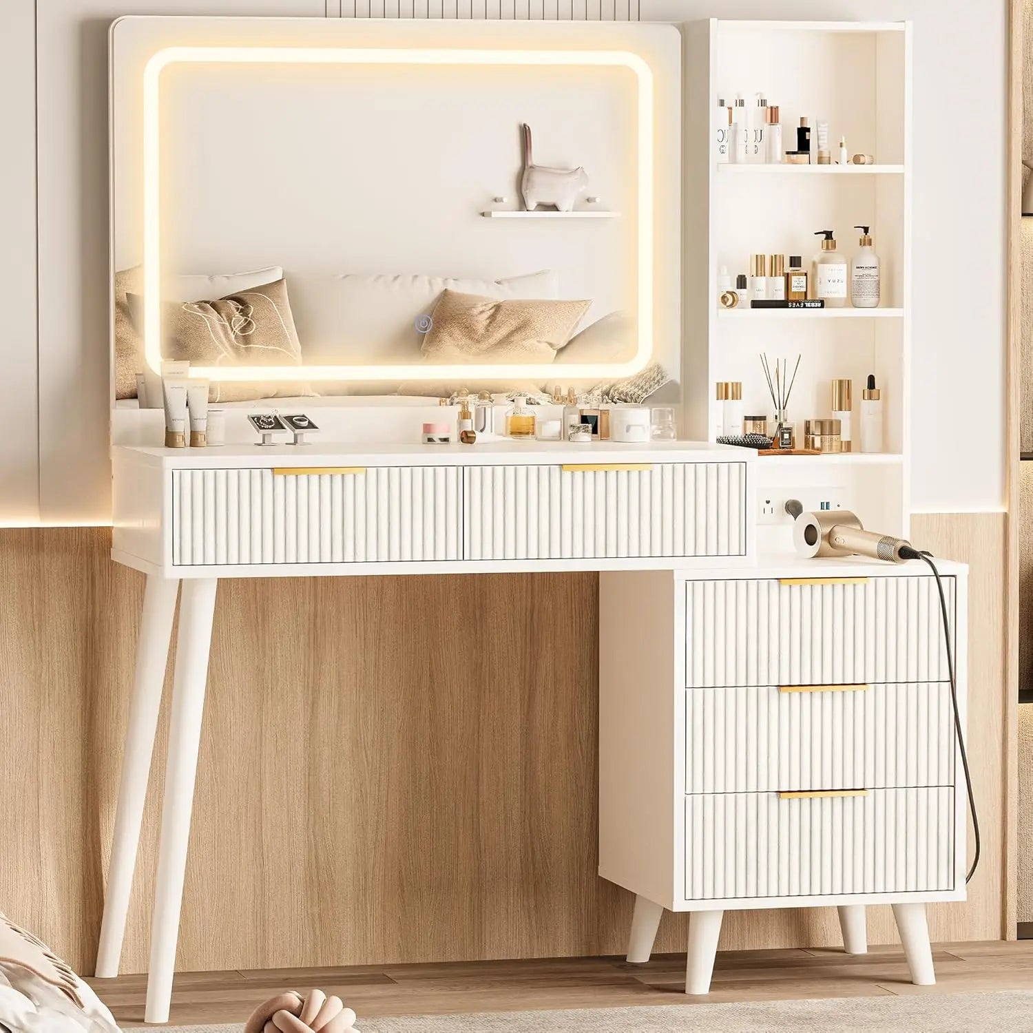 Makeup Vanity Desk with Lights | Mirror + 5 Drawers + Power Outlet & Shelves - Ivory