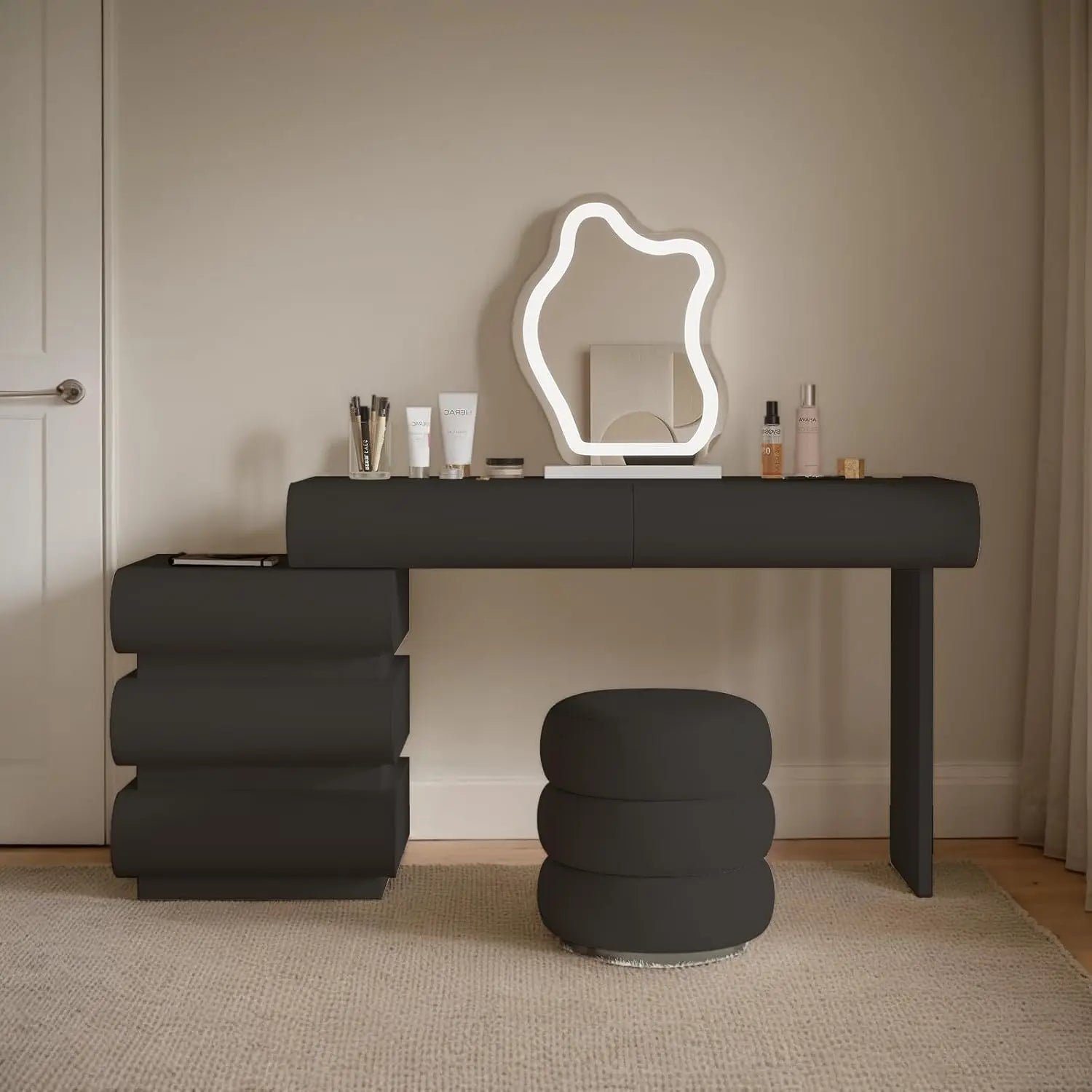 Luxury Makeup Vanity Desk with Lights | Side Cabinet + Microfibre Leather Wrap - Black