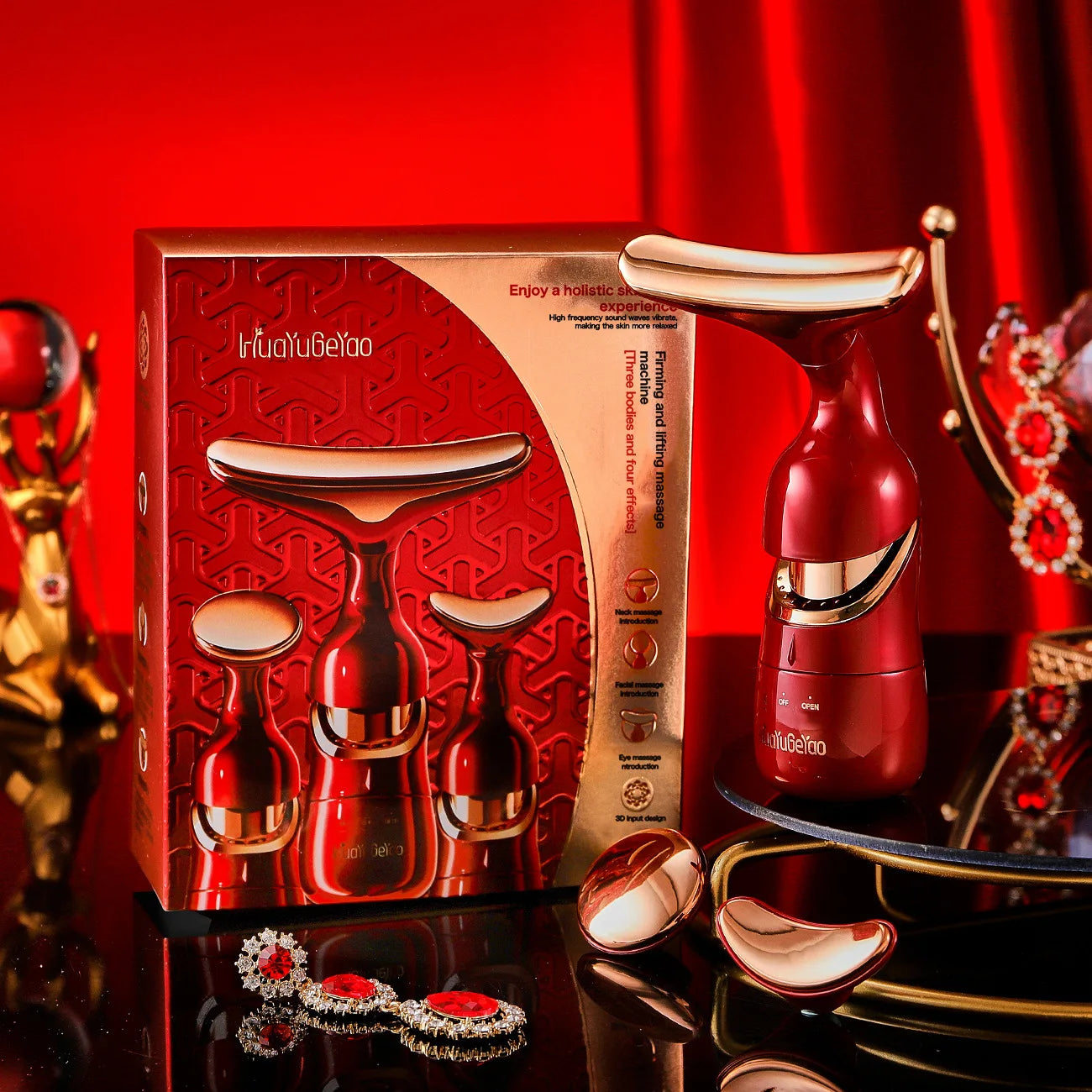 3-in-1 EMS Face, Neck & Eye Massager | Adjustable Sculpting Device - Red