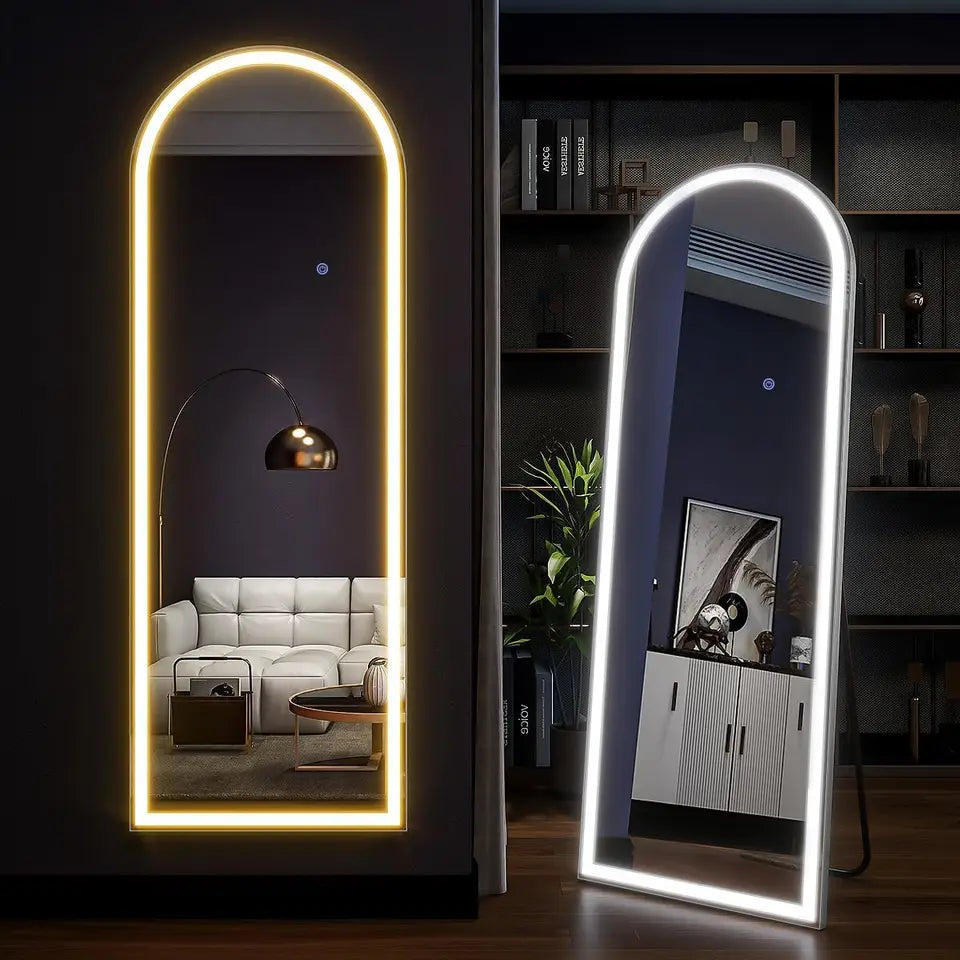 Arched Full-Length LED Mirror with Stand | Lighted Floor Mirror for Bedroom & Dressing - White