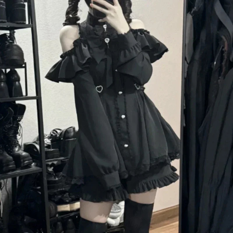 Japanese Gothic Lolita Dress Set | Bow Lace Ruffles Harajuku Y2K Mini Dress - 320 Set，L