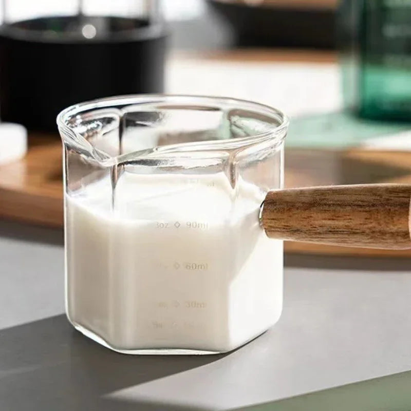 120ml Espresso Extraction Cup with Scale | Glass Measuring Cup + Wooden Handle - Clear single