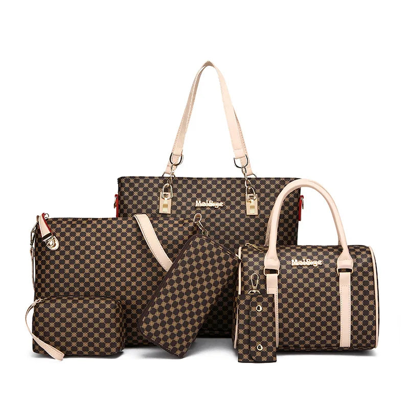 6-Piece Women’s Handbag Set | Tote + Crossbody + Clutch + Wallet Set - khaki