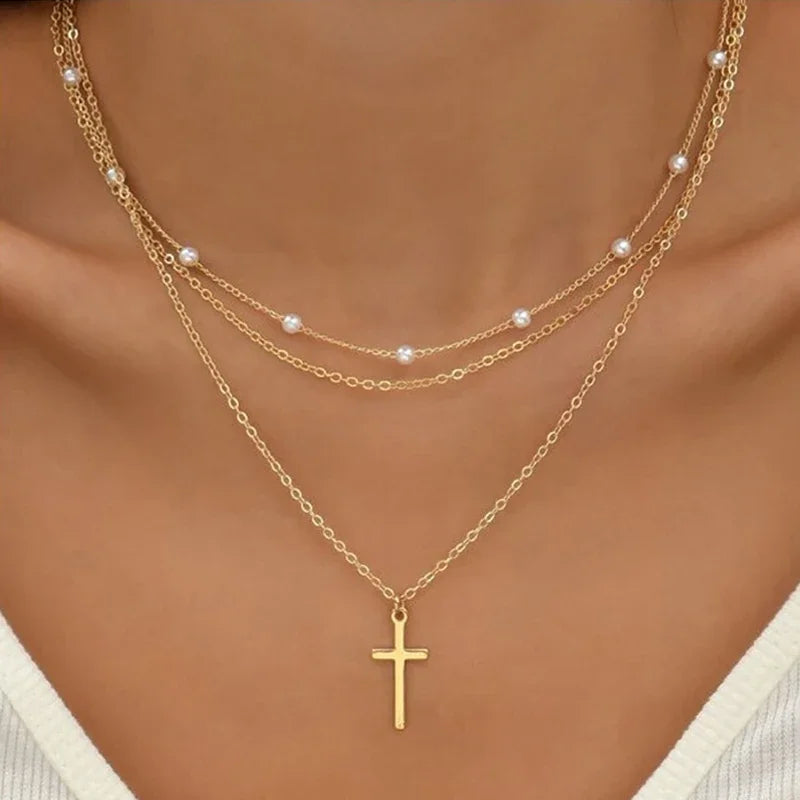Layered Pearl Cross & Heart Pendant Necklace (Gold-Tone)