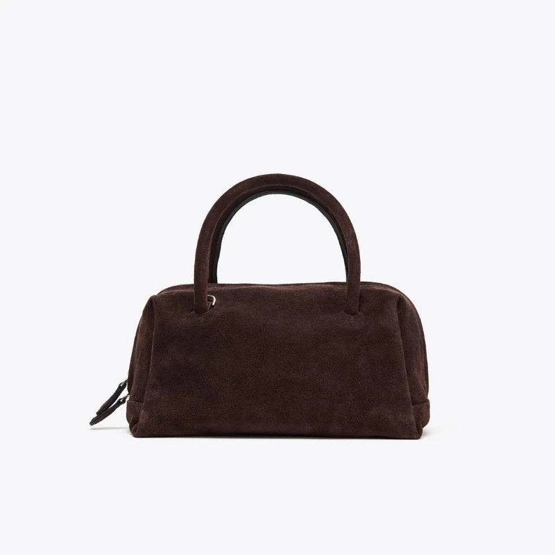 Suede-Style Bowling Bag (Boston Tote) – Compact Everyday Satchel - Chocolate