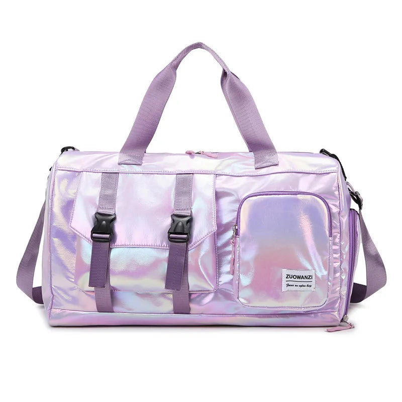 Holographic Weekend Duffel Bag with Shoe Compartment | Spacious Travel Shoulder Tote - Purple