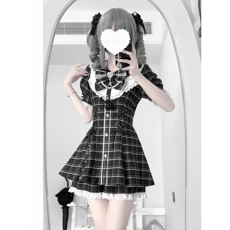 Japanese Gothic Lolita Dress Set | Bow Lace Ruffles Harajuku Y2K Mini Dress - 375 black plaid，XL