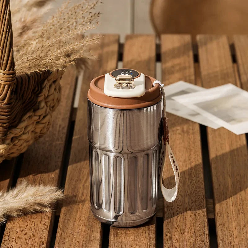 Smart Thermos Bottle with LED Temperature Display | Stainless Steel Hot/Cold Travel Mug - SIlver Coffee，450ML
