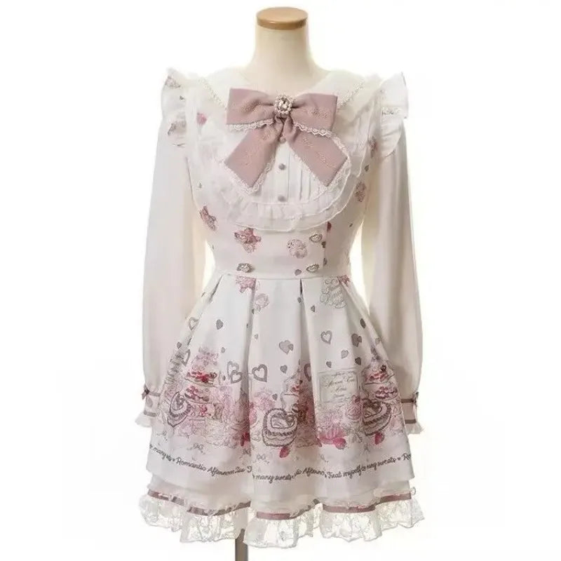 Japanese Gothic Lolita Dress Set | Bow Lace Ruffles Harajuku Y2K Mini Dress - 3708 White，M