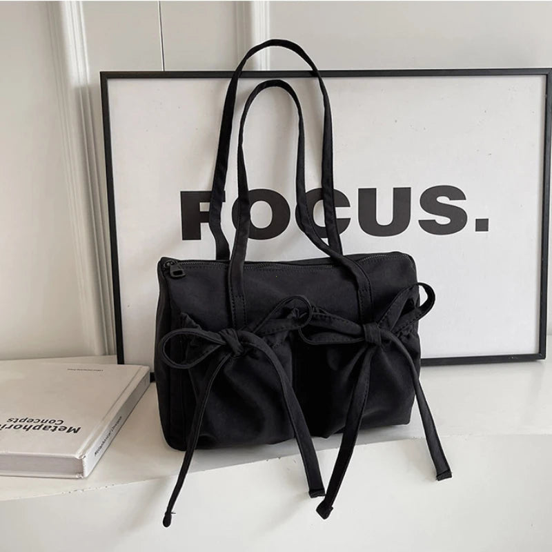 Korean Bow Nylon Shoulder Tote Bag | Foldable Large-Capacity Commuter Handbag - Black