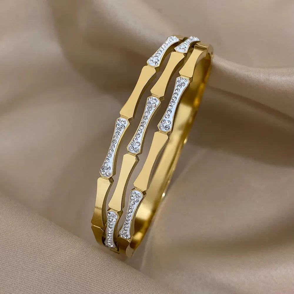 Stainless Steel Cuff Bracelet | Wide Rhinestone Bangle (Gold/Silver Options) - D2694817B-001