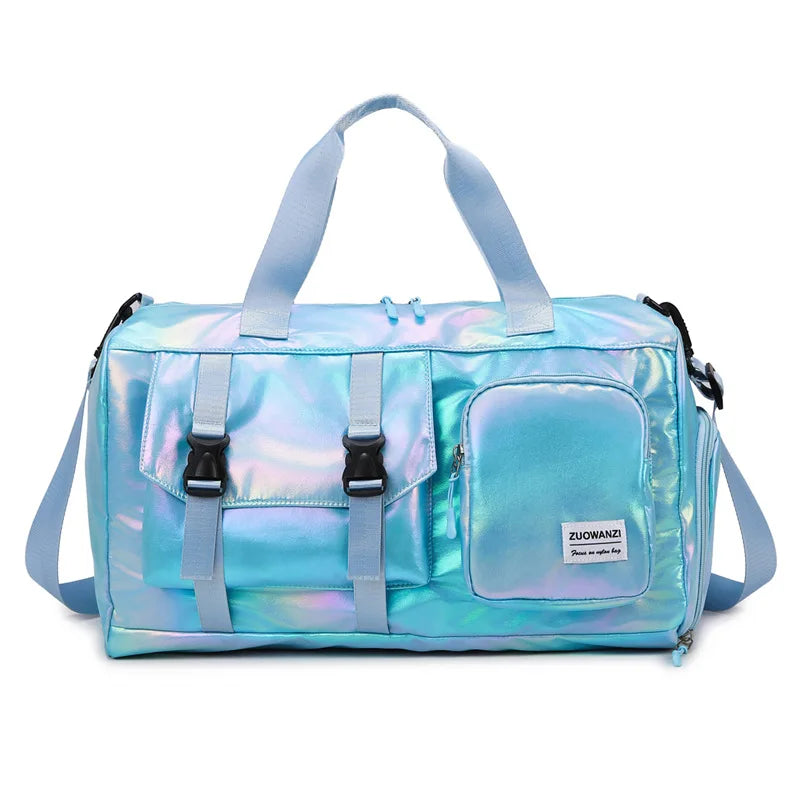 Holographic Weekend Duffel Bag with Shoe Compartment | Spacious Travel Shoulder Tote - Blue