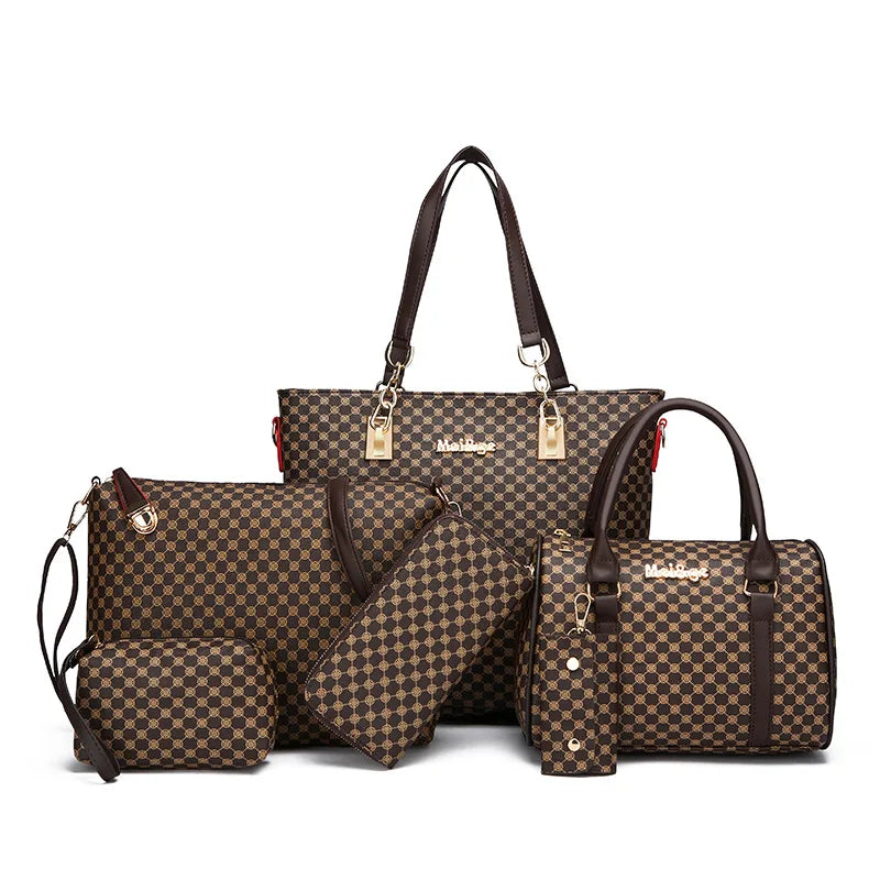 6-Piece Women’s Handbag Set | Tote + Crossbody + Clutch + Wallet Set - brown