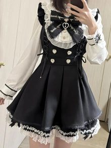 Japanese Gothic Lolita Dress Set | Bow Lace Ruffles Harajuku Y2K Mini Dress - 346 Set，S