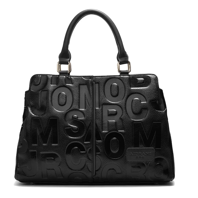 Genuine Cowhide Leather Work Handbag | Large-Capacity Shoulder & Crossbody Bag - All Black
