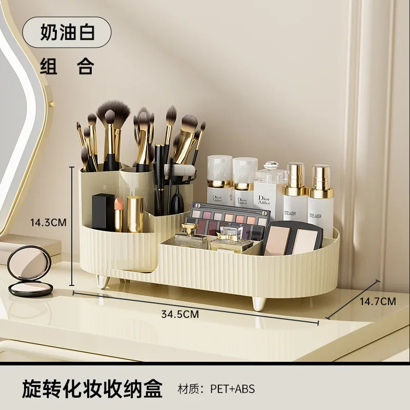 Rotating Makeup Organizer Storage Box | Brush Holder + Lipstick & Skincare Rack - B cream White