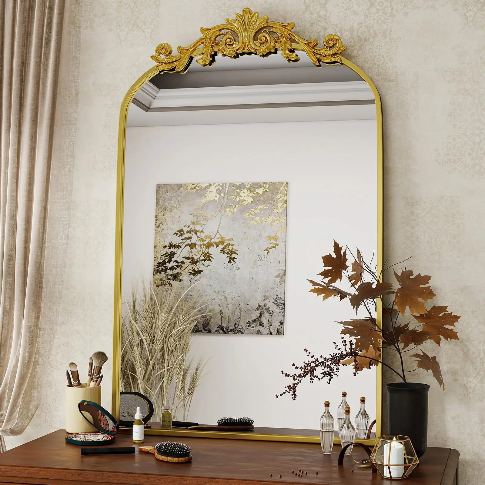 BEAUTYPEAK Vintage Arch Wall Mirror | Decorative Bathroom & Vanity Mirror - 24x36 inch-Gold