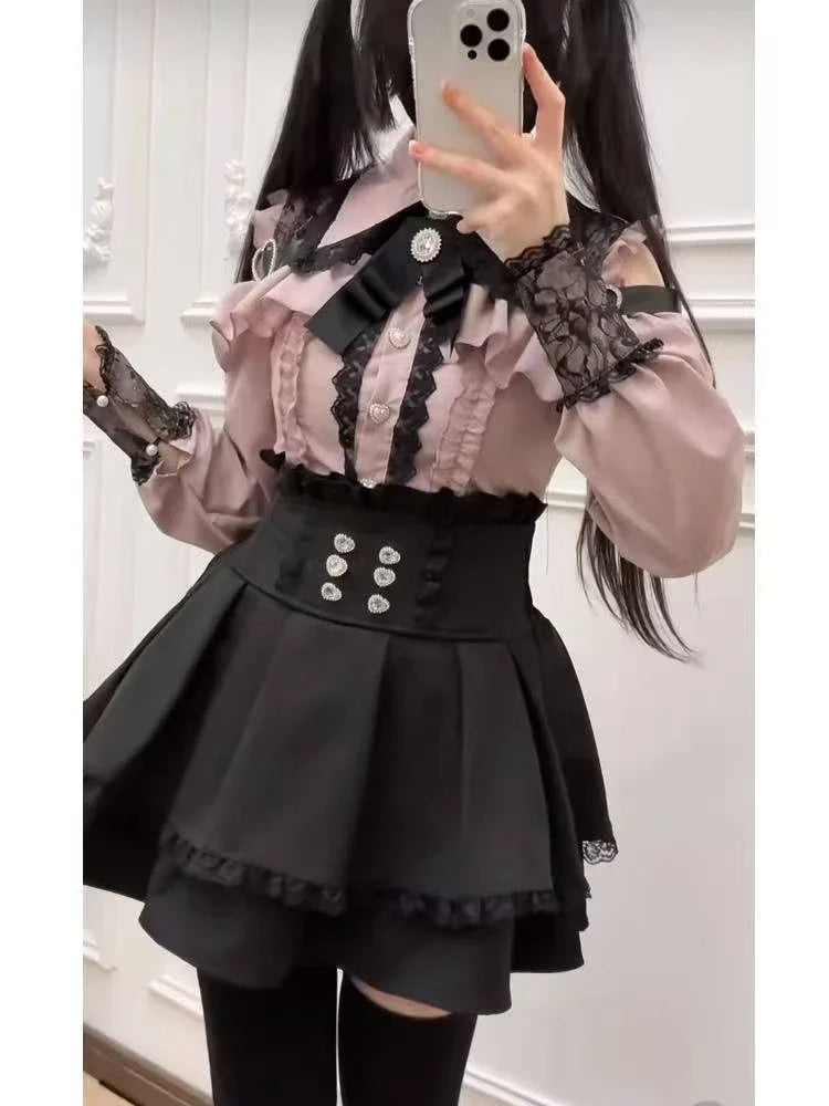 Japanese Gothic Lolita Dress Set | Bow Lace Ruffles Harajuku Y2K Mini Dress - 345 Pink Set，XS
