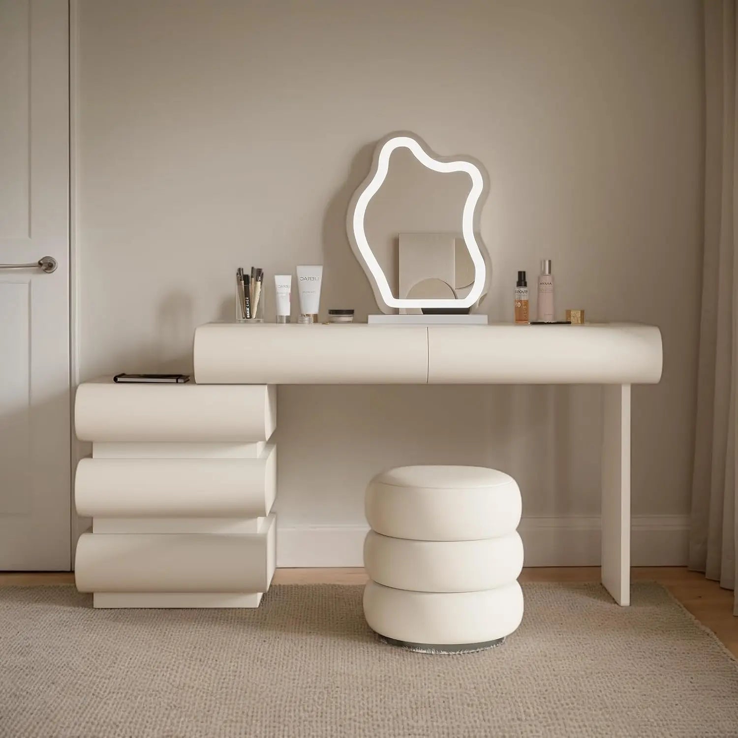 Luxury Makeup Vanity Desk with Lights | Side Cabinet + Microfibre Leather Wrap - White