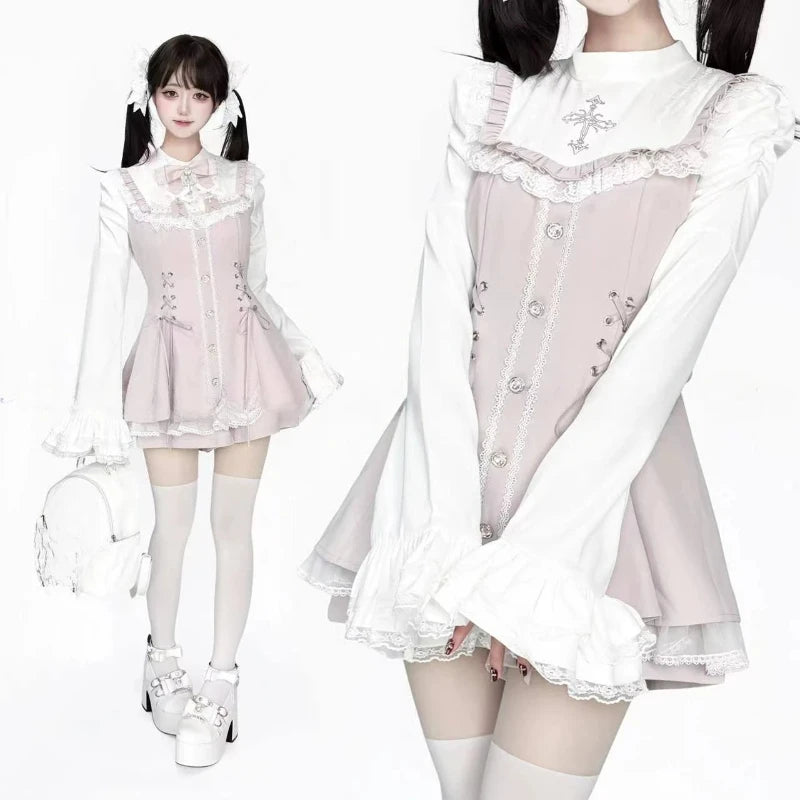 Japanese Gothic Lolita Dress Set | Bow Lace Ruffles Harajuku Y2K Mini Dress - 318 pink，XS