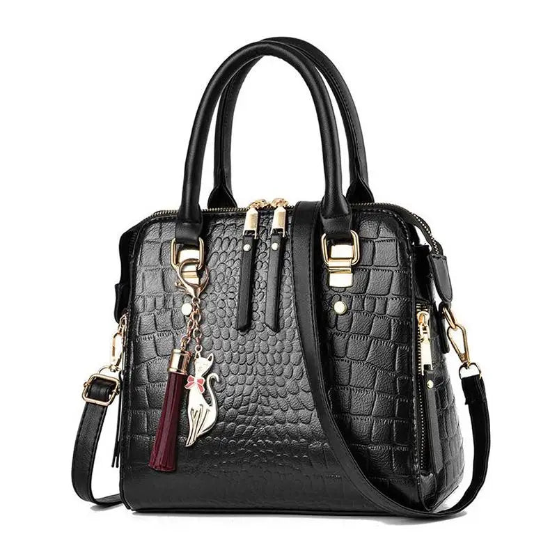 Croc-Embossed PU Leather Handbag with Tassel (Top Handle + Shoulder) - Black / 24x14x23cm