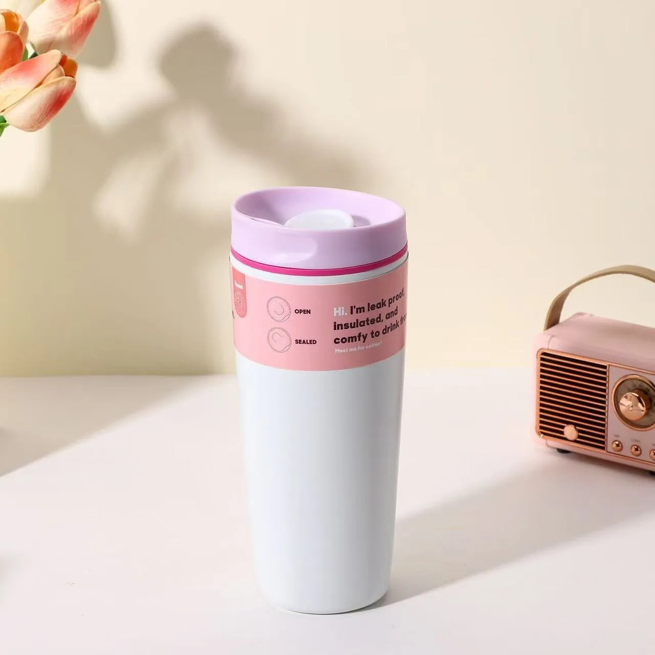 20oz Insulated Stainless Steel Mug | Spill-Proof Lid Travel Coffee Tumbler (Hot/Cold) - Ivory white  600ml，One Size